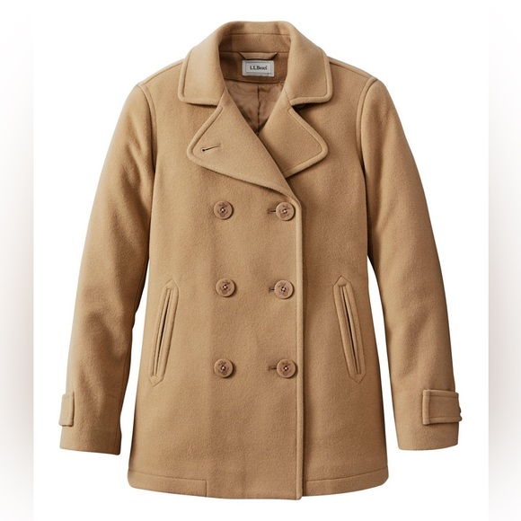 L.L. Bean Camel Wool Peacoat Double Breasted Anchor Button Coat - Picture 4 of 11